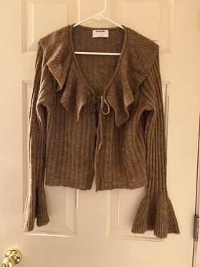 Old Navy Women's Taupe Ruffle-Trim Tie-Front Cardigan